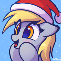 Size: 1000x1000 | Tagged: safe, artist:lollipony, imported from derpibooru, derpy hooves, pegasus, pony, blushing, bust, christmas, chromatic aberration, commission, cute, derpabetes, eye clipping through hair, female, floppy ears, happy, hat, holiday, mare, open mouth, portrait, santa hat, smiling, snow, solo, starry eyes, wingding eyes