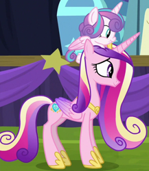 Size: 976x1125 | Tagged: safe, imported from derpibooru, screencap, princess cadance, princess flurry heart, alicorn, pony, road to friendship, baby, baby pony, concave belly, cropped, duo, female, flurry heart riding cadance, folded wings, looking forward, mare, mother and child, mother and daughter, on head, ponies riding ponies, pony hat, riding, side view, slim, stage, thin, wings