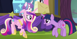 Size: 1666x851 | Tagged: safe, imported from derpibooru, screencap, princess cadance, princess flurry heart, twilight sparkle, alicorn, pony, road to friendship, aunt and niece, baby, baby pony, female, mare, mother and child, mother and daughter, sisters-in-law, sunshine sunshine, twilight sparkle (alicorn)
