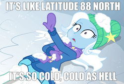 Size: 1536x1038 | Tagged: safe, edit, edited screencap, imported from derpibooru, screencap, trixie, equestria girls, equestria girls series, holidays unwrapped, spoiler:eqg series (season 2), caption, clothes, coat, cold, electric light orchestra, elo, gloves, hat, image macro, lying down, saving pinkie's pie, scarf, snow, solo, song reference, text, white stockings