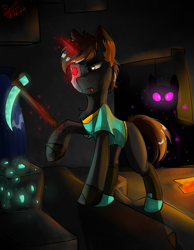 Size: 1095x1410 | Tagged: safe, artist:yuris, imported from derpibooru, oc, oc only, enderman, enderpony, pony, unicorn, butt, cave, diamond ore, diamond pickaxe, duo, eyes in the dark, glowing, glowing eyes, lava, minecraft, pickaxe, plot, ponified, prosthetic eye, prosthetics, solo