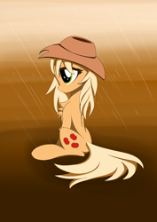 Size: 2480x3508 | Tagged: safe, artist:itchystomach, imported from derpibooru, applejack, earth pony, pony, chest fluff, cute, digital art, jackabetes, leg fluff, melancholy, rain, sad, sadorable, simple background, solo