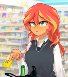 Size: 2071x2341 | Tagged: safe, artist:maren, imported from derpibooru, sunset shimmer, equestria girls, alcohol, bag, blushing, booze, breasts, busty sunset shimmer, clothes, female, high res, high school, id, id card, korean, necktie, school uniform, shirt, shop, solo, sweat, sweatdrop, vest