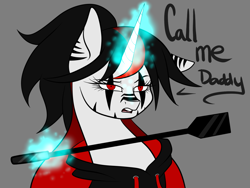 Size: 1400x1050 | Tagged: safe, artist:minelvi, imported from derpibooru, oc, oc only, oc:lunelaya, pony, unicorn, bust, clothes, daddy kink, female, glowing horn, gray background, horn, magic, mare, riding crop, simple background, solo, talking, telekinesis, unicorn oc