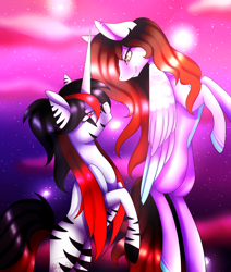Size: 1400x1650 | Tagged: safe, artist:minelvi, imported from derpibooru, oc, oc only, oc:lunelaya, pegasus, pony, unicorn, duo, female, horn, looking at each other, mare, pegasus oc, unicorn oc, wings