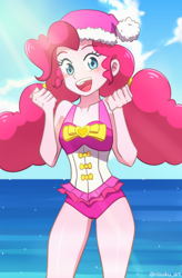 Size: 850x1298 | Tagged: safe, artist:riouku, imported from derpibooru, pinkie pie, equestria girls, equestria girls series, alternate hairstyle, christmas, clothes, cute, diapinkes, female, hat, holiday, looking at you, one-piece swimsuit, open mouth, pinkie pie swimsuit, santa hat, solo, summer, swimsuit
