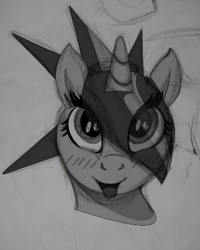 Size: 394x492 | Tagged: safe, artist:singularmj, imported from derpibooru, oc, oc only, oc:horizon, pony, unicorn, black and white, blushing, female, grayscale, horn, looking at you, mare, monochrome, solo, unicorn oc