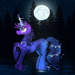 Size: 935x935 | Tagged: safe, artist:rxndxm.artist, imported from derpibooru, oc, oc only, oc:shooting star, pony, unicorn, ethereal mane, female, full moon, galaxy mane, horn, mare, moon, night, solo, tree, unicorn oc