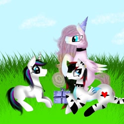 Size: 1080x1080 | Tagged: safe, artist:rxndxm.artist, imported from derpibooru, oc, oc only, oc:shooting star, pony, unicorn, choker, female, grass, hat, horn, lying down, mare, outdoors, party hat, present, prone, unicorn oc