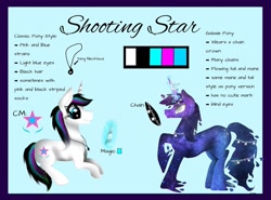 Size: 1080x801 | Tagged: safe, artist:rxndxm.artist, imported from derpibooru, oc, oc only, oc:shooting star, pony, unicorn, duo, ethereal mane, female, galaxy mane, glowing horn, horn, jewelry, lying down, magic, mare, necklace, prone, raised hoof, reference sheet, telekinesis, unicorn oc