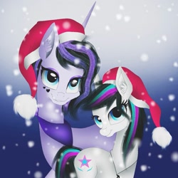 Size: 1075x1075 | Tagged: safe, artist:rxndxm.artist, imported from derpibooru, oc, oc only, oc:shooting star, pony, christmas, duo, eyelashes, female, hat, holiday, jewelry, mare, neckerchief, necklace, santa hat, snow