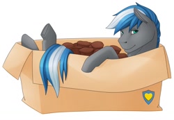 Size: 1280x887 | Tagged: safe, artist:imreer, imported from derpibooru, oc, oc only, oc:cloud zapper, pegasus, pony, box, food, male, muffin, pegasus oc, pony in a box, simple background, solo, stallion, white background, wings