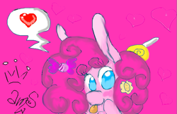 Size: 709x459 | Tagged: safe, artist:amgiwolf, imported from derpibooru, pinkie pie, earth pony, pony, :p, blushing, bust, female, heart, mare, pictogram, pink background, simple background, solo, tongue out