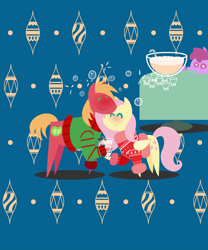 Size: 1800x2160 | Tagged: safe, anonymous artist, imported from derpibooru, berry punch, berryshine, big macintosh, fluttershy, earth pony, pegasus, pony, series:fm holidays, series:hearth's warming advent calendar, abstract background, advent calendar, alcohol, blushing, christmas, christmas sweater, clothes, drunk, drunk bubbles, drunkershy, eggnog, eyes closed, female, fluttermac, holiday, lineless, male, pointy ponies, red face, shipping, soon, straight, sweater