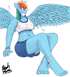 Size: 2697x3000 | Tagged: safe, artist:fetishsketches, imported from derpibooru, rainbow dash, anthro, pegasus, plantigrade anthro, abs, anklet, barefoot, big feet, cutie mark tattoo, feet, female, foot focus, grin, muscles, smiling, solo, solo female, tattoo