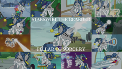 Size: 1990x1119 | Tagged: safe, edit, edited screencap, editor:quoterific, imported from derpibooru, screencap, star swirl the bearded, pony, unicorn, friendship university, shadow play, the beginning of the end, the ending of the end, beard pull, male, stallion