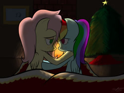 Size: 1600x1200 | Tagged: safe, artist:icy wind, imported from derpibooru, fluttershy, rainbow dash, pegasus, pony, christmas, christmas tree, comfy, duo, duo female, female, fireplace, flutterdash, holiday, lesbian, shipping, tree