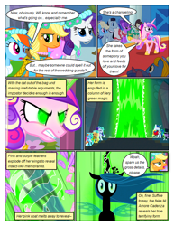 Size: 612x792 | Tagged: safe, artist:newbiespud, edit, edited screencap, imported from derpibooru, screencap, applejack, bruce mane, eclair créme, fine line, jangles, maxie, minuette, north star, orion, perfect pace, princess cadance, queen chrysalis, rainbow dash, rarity, royal ribbon, shooting star (character), spike, alicorn, changeling, changeling queen, earth pony, pegasus, pony, unicorn, comic:friendship is dragons, a canterlot wedding, angry, background pony audience, bust, clothes, comic, dialogue, dress, eyelashes, fake cadance, female, floral head wreath, flower, glowing eyes, hoof shoes, male, mare, raised hoof, screencap comic, stallion