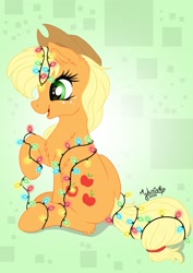 Size: 1920x2716 | Tagged: safe, artist:julunis14, imported from derpibooru, applejack, earth pony, pony, christmas, christmas lights, digital, freckles, hat, holiday, lights, signature, simple background, smiling, solo