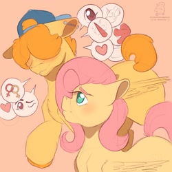 Size: 2048x2048 | Tagged: safe, artist:roseandcompany, imported from derpibooru, fluttershy, oc, oc:trucker, unicorn, blushing, childhood friends, crush, gossiping, walking