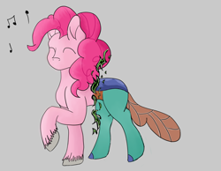 Size: 1800x1400 | Tagged: safe, artist:inanimatelotus, imported from derpibooru, pinkie pie, changeling, earth pony, eyes closed, music notes, no mouth, redesign, shapeshifting, simple background, smile song, solo, unshorn fetlocks