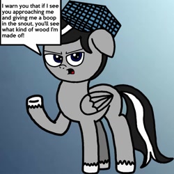 Size: 1159x1159 | Tagged: safe, artist:sebtheartist, imported from derpibooru, oc, oc only, oc:chopsticks, pegasus, pony, dialogue, folded wings, hat, looking at you, male, non-consensual booping, open mouth, raised hoof, solo, stallion, unshorn fetlocks, wings