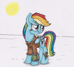 Size: 789x721 | Tagged: safe, artist:shikogo, edit, rainbow dash, pegasus, pony, clothes, cropped, fallout, female, gun, jacket, leather jacket, pipboy, pipbuck, smiling, solo, traditional art, weapon