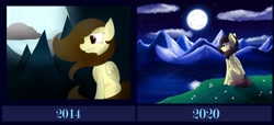 Size: 1600x728 | Tagged: safe, artist:whitehershey, imported from derpibooru, oc, oc only, oc:white hershey, pegasus, pony, female, moon, mountain, night, night sky, redraw, scenery, sky, solo