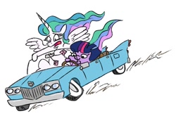 Size: 1049x692 | Tagged: safe, artist:jargon scott, imported from ponybooru, princess celestia, twilight sparkle, alicorn, pony, unicorn, car, driving, duo, female, filly, fuzzy dice, mare, simple background, squatpony, twiggie, unicorn twilight, white background, windswept mane