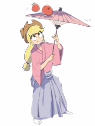 Size: 2400x3200 | Tagged: safe, artist:nendo, imported from derpibooru, applejack, equestria girls, apple, clothes, female, food, high res, kimono (clothing), simple background, solo, umbrella, white background