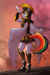 Size: 1900x2850 | Tagged: safe, artist:mykegreywolf, imported from derpibooru, rainbow dash, anthro, pegasus, unguligrade anthro, equestria divided, armor, eye scar, house stormwing, profile, raffle prize, scar, solo, spear, weapon