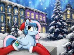 Size: 4000x3000 | Tagged: safe, alternate version, artist:selenophile, imported from derpibooru, oc, oc only, oc:chrysocolla dawn, pegasus, pony, christmas, christmas lights, christmas tree, clothes, commission, cutie mark, holiday, lying down, prone, snow, snowfall, socks, solo, stockings, thigh highs, town, tree, winter, ych result