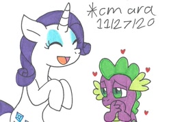 Size: 926x662 | Tagged: safe, artist:cmara, imported from derpibooru, rarity, spike, dragon, pony, unicorn, eyes closed, eyeshadow, female, heart, makeup, male, mare, open mouth, shipping, simple background, sparity, straight, traditional art, white background