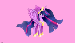 Size: 5200x3000 | Tagged: safe, artist:n0kkun, imported from derpibooru, twilight sparkle, alicorn, pony, the last problem, crown, female, high res, hoof shoes, jewelry, mare, pink background, princess twilight 2.0, regalia, simple background, solo, twilight sparkle (alicorn)