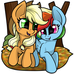 Size: 2086x2085 | Tagged: safe, artist:gleamydreams, imported from derpibooru, applejack, rainbow dash, earth pony, pegasus, cute, dashabetes, duo, jackabetes, running of the leaves, simple background, transparent background, tree