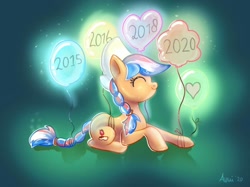 Size: 1024x766 | Tagged: safe, imported from derpibooru, oc, oc only, oc:ember, oc:ember (hwcon), earth pony, pony, 2015, 2016, 2018, 2020, balloon, eyes closed, female, happy, heart, heart balloon, hearth's warming con, mare, netherlands, smiling, solo