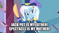Size: 640x360 | Tagged: safe, edit, edited screencap, imported from derpibooru, screencap, trixie, equestria girls, equestria girls series, street magic with trixie, spoiler:eqg series (season 2), caption, image macro, imgflip, implied parents, magician outfit, parent, text