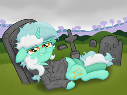 Size: 4032x3024 | Tagged: safe, artist:background basset, imported from derpibooru, imported from ponybooru, lyra heartstrings, pony, unicorn, fanfic:background pony, belly, clothes, dig the swell hoodie, female, gravestone, graveyard, high res, hoodie, mare, sad, solo, tired, tombstones