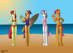 Size: 2877x2084 | Tagged: safe, artist:baroquewolfe, imported from derpibooru, apple bloom, babs seed, scootaloo, sweetie belle, anthro, unguligrade anthro, beach, belly button, bikini, breasts, cleavage, clothes, cutie mark crusaders, hand on hip, horn, looking at you, midriff, monokini, ocean, older, older apple bloom, older babs seed, older cmc, older scootaloo, older sweetie belle, one-piece swimsuit, shorts, sky, sun, surfboard, swimsuit