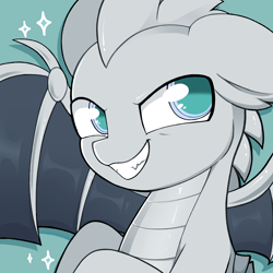 Size: 2500x2500 | Tagged: source needed, safe, artist:moozua, imported from derpibooru, oc, oc only, oc:llvm, dracony, dragon, hybrid, pony, colored pupils, fangs, green background, grin, llvm, looking at you, ponified, programming, simple background, smiling, smirk, solo, spread wings, wings