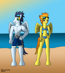 Size: 2244x2546 | Tagged: safe, artist:baroquewolfe, imported from derpibooru, soarin', spitfire, anthro, unguligrade anthro, abs, beach, bikini, blue swimsuit, breasts, cleavage, clothes, goggles, hand on hip, muscles, partial nudity, shorts, sky, sun, swimming trunks, swimsuit, topless, wings