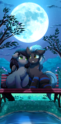 Size: 2550x5159 | Tagged: safe, artist:pridark, imported from derpibooru, oc, oc only, oc:kaaskiller, oc:vyden, earth pony, pony, absurd resolution, bench, chest fluff, commission, duo, earth pony oc, female, full moon, high res, looking at each other, male, mare, moon, night, phone wallpaper, pond, sitting, smiling, stallion, tree, wallpaper