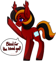 Size: 1869x2015 | Tagged: safe, artist:raya, imported from derpibooru, oc, oc only, oc:red flame, bat pony, pony, unicorn, blood for the blood god, holding hoof up, horn, no wing, pointed ears, side view, simple background, solo, speech bubble, standing, transparent background, warhammer (game), warhammer 40k, wingless