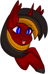 Size: 1293x1954 | Tagged: safe, artist:raya, imported from derpibooru, oc, oc only, oc:red flame, bat pony, pony, unicorn, commission, fangs, hooves, horn, no wing, pointed ears, simple background, smiling, solo, tongue out, transparent background, wingless