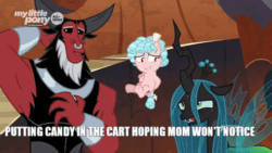 Size: 480x270 | Tagged: safe, edit, edited screencap, imported from derpibooru, screencap, cozy glow, lord tirek, queen chrysalis, centaur, changeling, pegasus, pony, the beginning of the end, animated, awkward, awkward moment, awkward smile, caption, gif, laughing, meme, nervous laugh, smiling