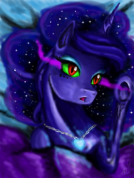Size: 400x533 | Tagged: safe, artist:nerraferraria, imported from derpibooru, princess luna, alicorn, pony, bed, blanket, crystal heart, dark magic, ethereal mane, eyeshadow, jewelry, magic, makeup, necklace, pillow, solo, sombra eyes, starry mane, wavy mane