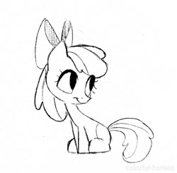 Size: 640x628 | Tagged: safe, artist:syrupyyy, artist:watchoutoprah, imported from derpibooru, apple bloom, earth pony, pony, bow, female, filly, grayscale, hair bow, monochrome, pencil drawing, simple background, sketch, solo, traditional art, white background