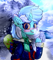Size: 3000x3400 | Tagged: safe, artist:mjsw, imported from derpibooru, lyra heartstrings, pony, unicorn, clothes, female, forest, mare, smiling, snow, snowboard, snowfall, winter