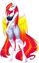 Size: 3025x4857 | Tagged: safe, artist:scarlet-spectrum, imported from derpibooru, oc, oc only, oc:diamond sun, anthro, pegasus, unguligrade anthro, alternate design, alternate hairstyle, amazon, belly button, big breasts, breasts, cleavage, clothes, colored wings, commission, female, large wings, long hair, long mane, long tail, mare, midriff, multicolored wings, pants, simple background, solo, tanktop, transparent background, wings
