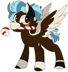Size: 744x788 | Tagged: safe, artist:jetjetj, imported from derpibooru, part of a set, oc, oc only, oc:theo, pegasus, pony, candy, candy cane, commission, food, male, mouth hold, simple background, solo, stallion, transparent background, two toned wings, wings, ych result